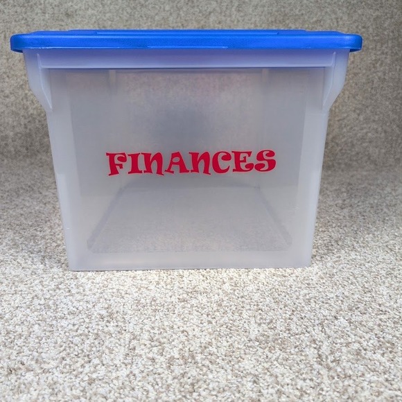 Sterilite Storage Box Container Blue Lid Finances Label Office Organization - Picture 1 of 4